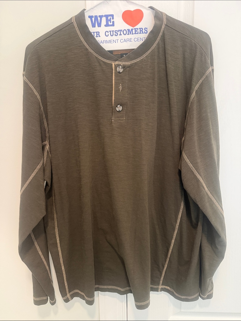 Men's Olive Long-Sleeve Henley with Contrast Stitching